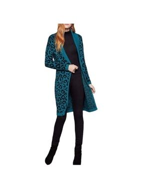 BCBGeneration Leopard Print Teal / Blue Long Cardigan Sweater NWT